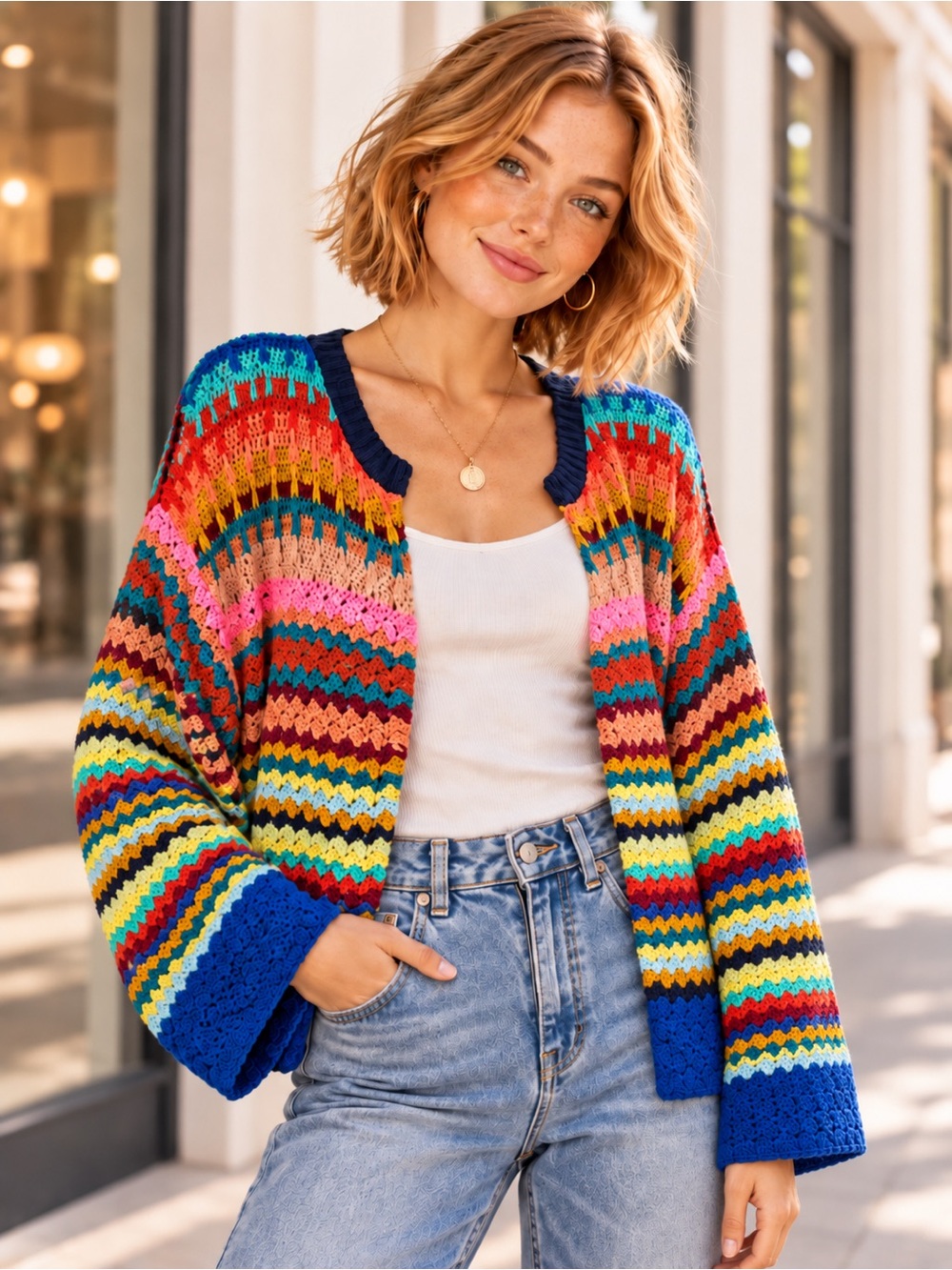 Anthropologie MOTH XS Oversized Crochet Cardigan Boho Open Knit Striped Sweater